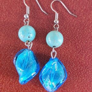Turquiose And Blue Twist Glass Dangle Earrings